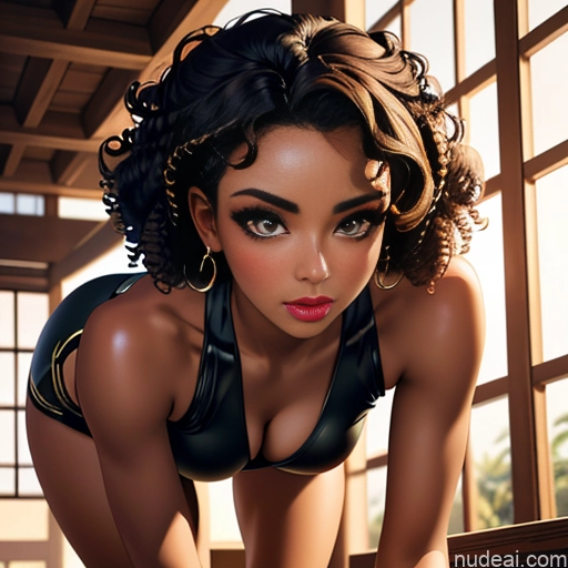 Dark Skin Goth Tribal Oiled Body Huge Boobs Short Hair Curly Hair Pouting Lips Soft Anime Close-up View Bending Over Sailor Spandex Fishnet Cleavage