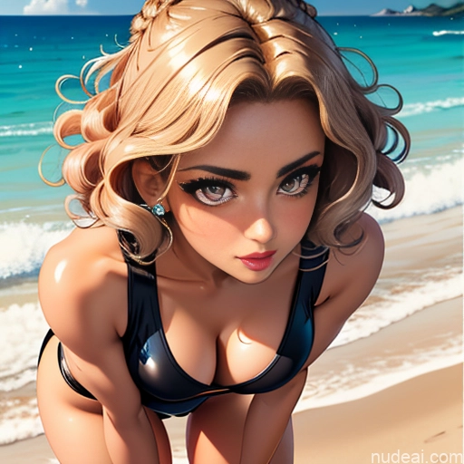 Dark Skin Goth Tribal Oiled Body Huge Boobs Short Hair Curly Hair Pouting Lips Soft Anime Close-up View Bending Over Sailor Spandex Fishnet Cleavage