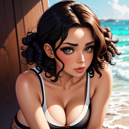 Dark Skin Goth Tribal Huge Boobs Short Hair Curly Hair Pouting Lips Soft Anime Close-up View Bending Over Sailor Spandex Fishnet Cleavage