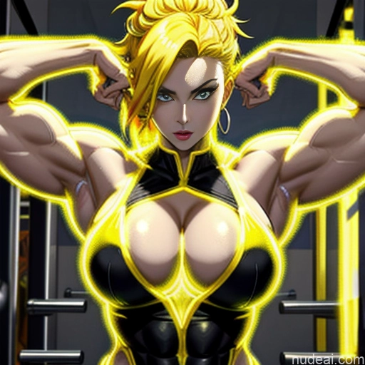 Woman Busty Super Saiyan Neon Lights Clothes: Yellow Bodybuilder Front View