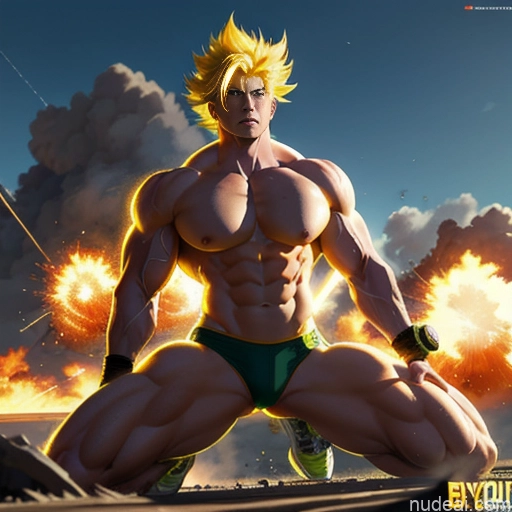 Woman Super Saiyan Neon Lights Clothes: Yellow Bodybuilder Front View Battlefield