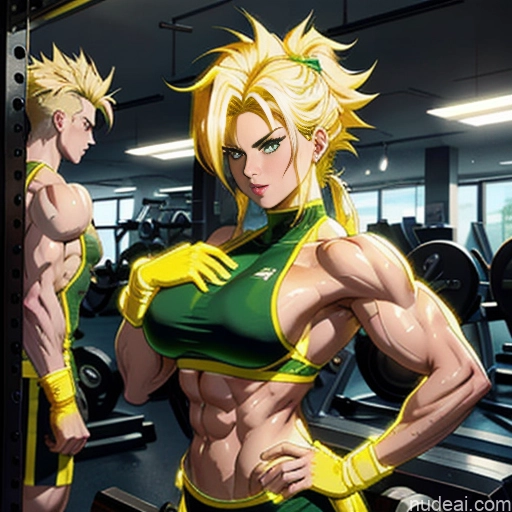 Super Saiyan Neon Lights Clothes: Yellow Busty Muscular Abs Woman Front View Two