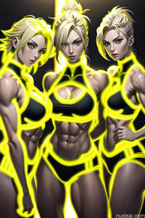 Super Saiyan Woman Busty Muscular Abs Neon Lights Clothes: Yellow Front View