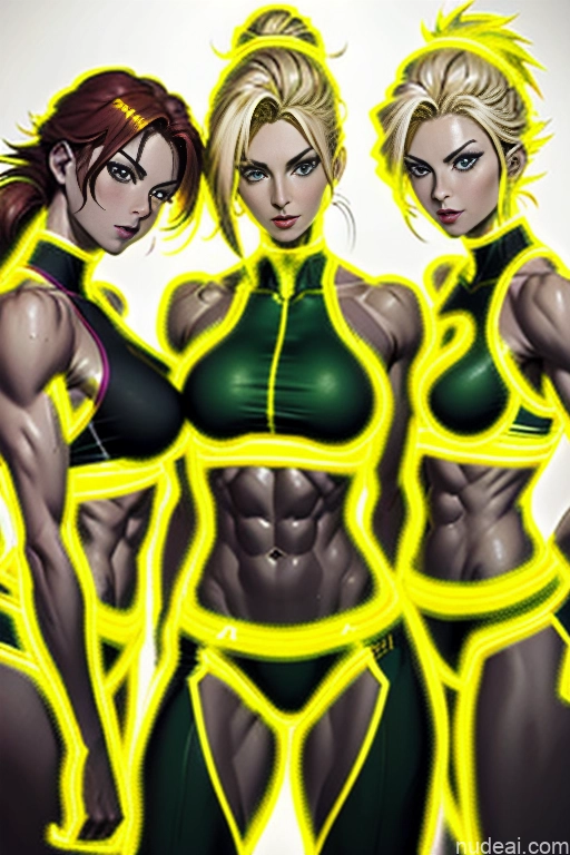 Super Saiyan Woman Busty Muscular Abs Neon Lights Clothes: Yellow Front View