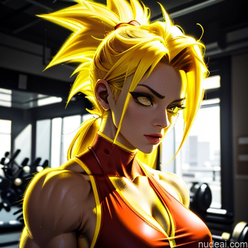 Super Saiyan Super Saiyan 4 Neon Lights Clothes: Red Neon Lights Clothes: Yellow Woman Bodybuilder Busty Front View Huge Boobs