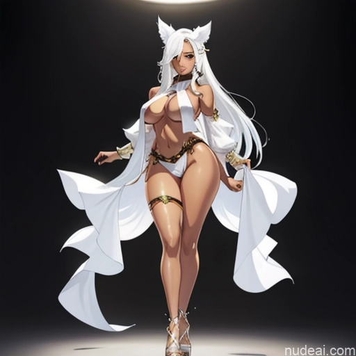 Busty Huge Boobs Perfect Boobs Beautiful Big Hips Long Legs Perfect Body Tall Dark Skin White Hair Elf Outfit/Elf Bikini African Warm Anime Skin Detail (beta) Sorority Ahri, 1girl, Long Hair, Animal Ears, Whisker Markings, Korean Clothes, Cleavage, Detached Sleeves