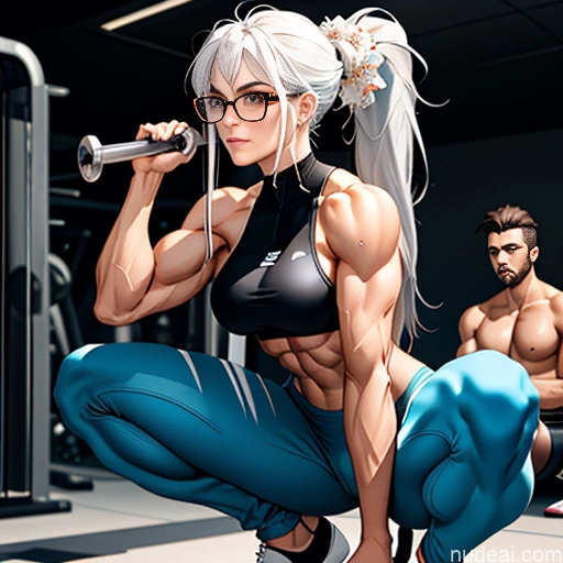 related ai porn images free for Woman Model Bodybuilder Two Busty Small Tits Beautiful Muscular Abs Long Legs Tall Long Hair 20s Serious Seductive White Hair Ponytail Bangs Straight Gym Squatting Spreading Legs Nude