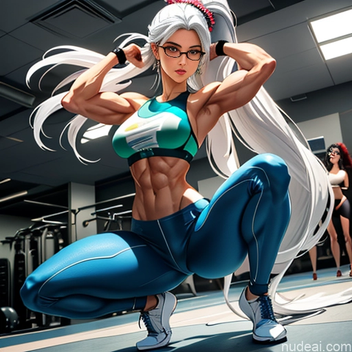 related ai porn images free for Woman Model Bodybuilder Two Busty Small Tits Beautiful Muscular Abs Long Legs Tall Long Hair 20s Serious Seductive White Hair Ponytail Bangs Straight Gym Squatting Spreading Legs Nude