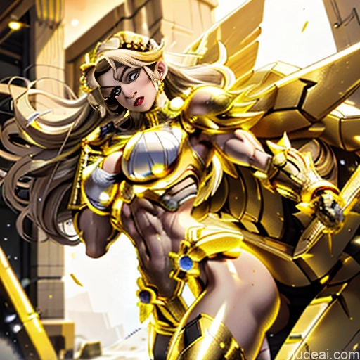 related ai porn images free for Woman Busty Muscular Abs Front View Has Wings Angel Fantasy Armor Viking Bodybuilder Perfect Boobs Detailed Gold Jewelry Neon Lights Clothes: Yellow Blonde SuperMecha: A-Mecha Musume A素体机娘