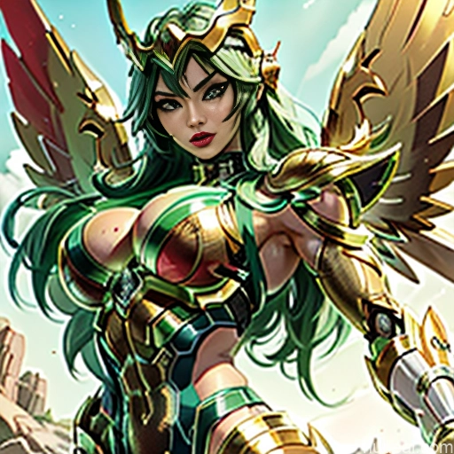 ai nude image of pics of Woman Busty Muscular Abs Front View Has Wings Angel Bodybuilder Perfect Boobs SuperMecha: A-Mecha Musume A素体机娘 Superhero Persian Green Hair Ginger Neon Lights Clothes: Red Neon Lights Clothes: Green Lipstick