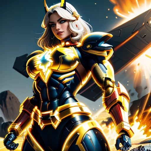 Captain Marvel Busty Abs Front View Woman Neon Lights Clothes: Yellow Bodybuilder SuperMecha: A-Mecha Musume A素体机娘 Battlefield