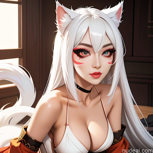 Ahri, 1girl, Long Hair, Animal Ears, Whisker Markings, Korean Clothes, Cleavage, Detached Sleeves White Hair Cute Monster