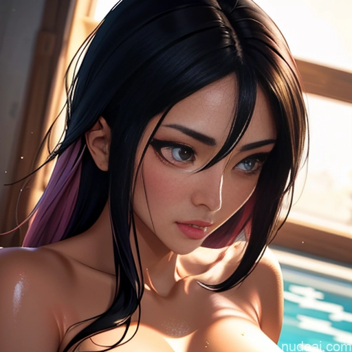 ai nude image of pics of Woman One Oiled Body Huge Boobs 18 Short Japanese Korean Straight Warm Anime Front View Close-up View Yoga Nude Partially Nude Diamond Jewelry Dark Lighting Detailed Sad Black Hair Shower Pink Hair