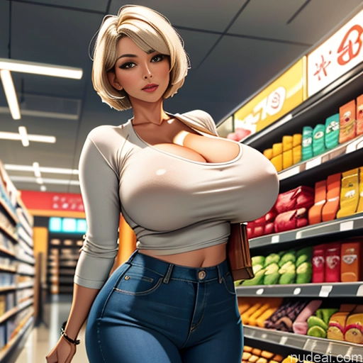 ai nude image of pics of Milf Model Busty Huge Boobs Perfect Boobs Beautiful Thick Big Hips Short Hair 50s Blonde White Hair Huge Sagging Breasts Soft + Warm Skin Detail (beta) Grocery Jeans Shirt Cleavage Jewelry Pokies