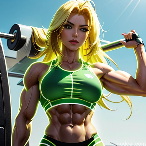 related ai porn images free for Super Saiyan Science Fiction Style Cosplay Busty Front View Bodybuilder Woman Abs Blonde Cyborg Neon Lights Clothes: Green