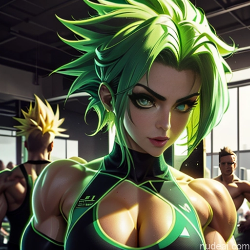 related ai porn images free for Super Saiyan Science Fiction Style Cosplay Busty Front View Bodybuilder Woman Abs Cyborg Neon Lights Clothes: Green Green Hair Several Two