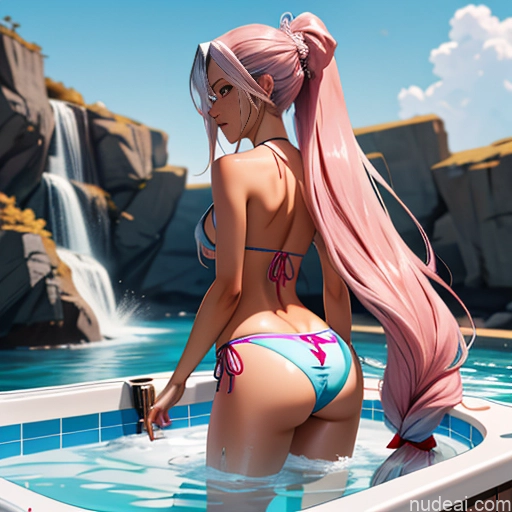 ai nude image of pics of One Anime Skinny Small Tits Big Ass Dark Skin Pink Hair Long Hair Hot Tub Back View Bikini Detailed 18