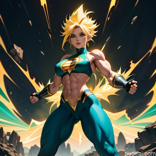 ai nude image of pics of Super Saiyan Superhero Muscular Busty Abs Powering Up Superheroine