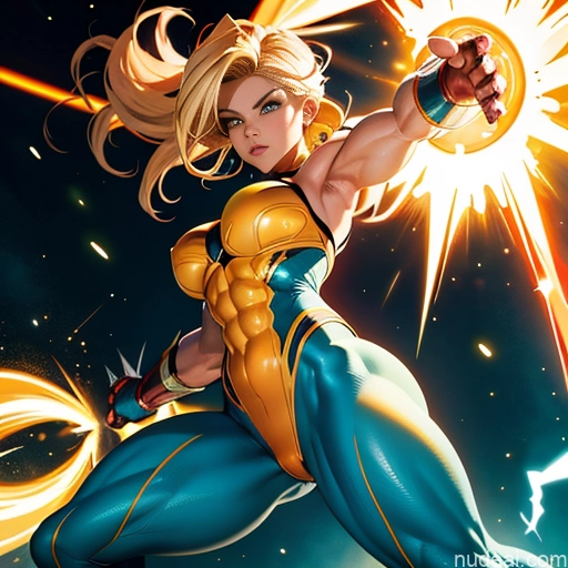 Superhero Muscular Busty Abs Powering Up Superheroine Super Saiyan 3 Blonde Science Fiction Style