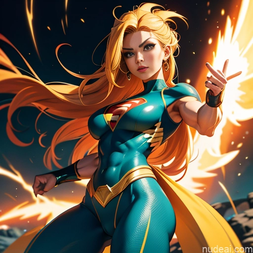 Superhero Muscular Busty Abs Powering Up Superheroine Super Saiyan 3 Science Fiction Style Super Saiyan