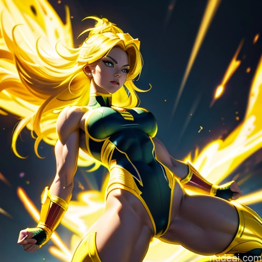 Muscular Busty Abs Powering Up Science Fiction Style Super Saiyan Super Saiyan 3 Superheroine Superhero Neon Lights Clothes: Yellow