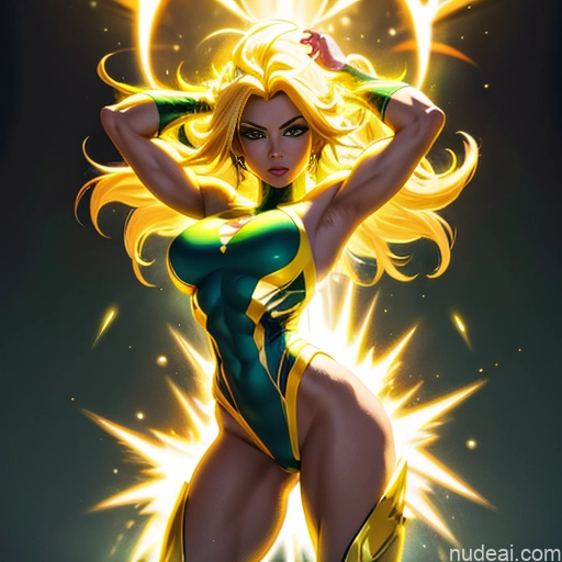 ai nude image of pics of Muscular Busty Abs Powering Up Science Fiction Style Super Saiyan Super Saiyan 3 Superhero Neon Lights Clothes: Yellow Superheroine Regal