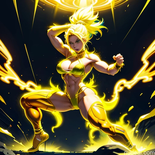 ai nude image of pics of Muscular Busty Abs Powering Up Science Fiction Style Super Saiyan Super Saiyan 3 Neon Lights Clothes: Yellow Regal Bodybuilder Chain Shackles Gold Jewelry