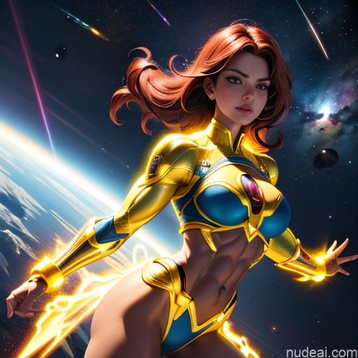 related ai porn images free for Superhero Busty Abs Muscular Ukraine Superheroine Powering Up Neon Lights Clothes: Yellow Heat Vision Dynamic View Science Fiction Style Space