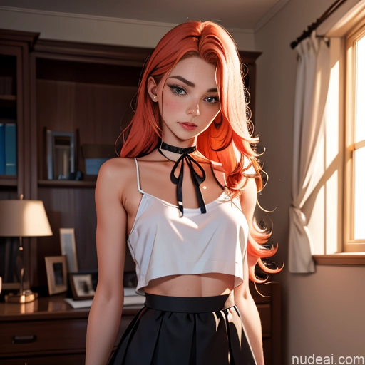 Beautiful 18 Sexy Face Ginger Long Hair Russian Bedroom Close-up View G Choker Mini Skirt No Panties?