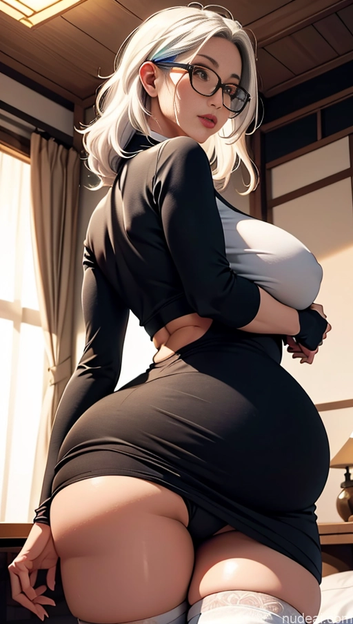 ai nude image of pics of Pregnant Huge Boobs Big Ass Big Hips White Hair Japanese Bedroom Milf 50s Detailed Tall Glasses Tanned Skin One Ahegao Messy Bending Over Close-up View Thigh Socks