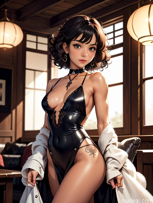 Woman One Small Tits Tattoos Muscular 20s Black Hair Bdsm Choker Partially Nude Abs Dark Skin Curly Hair Master Asian Ghibli Victorian Parlor Goth Gals V2