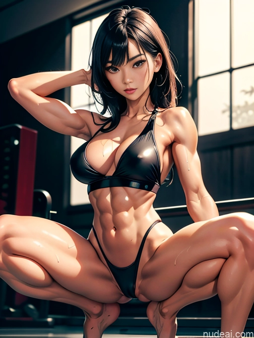 ai nude image of pics of Bodybuilder Busty Perfect Boobs Beautiful Lipstick Muscular Abs Long Legs Tall Perfect Body Tanned Skin Oiled Body 20s Serious Sexy Face Black Hair Bangs Japanese Soft + Warm Gym Squatting Nude Detailed