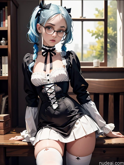 ai nude image of pics of Skinny Small Ass Small Tits Glasses Short Fairer Skin 20s Blue Hair Thigh Socks Close-up View Bows Choker White Pigtails Shocked Victorian Witch Long Skirt