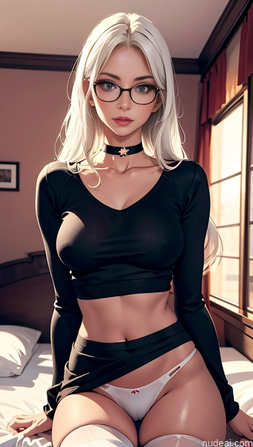 related ai porn images free for Woman One Beautiful Glasses Skinny Perfect Body Long Legs Perfect Boobs 20s Seductive White Hair White Bedroom Choker Crisp Anime Long Hair Thigh Socks Sweater Panties