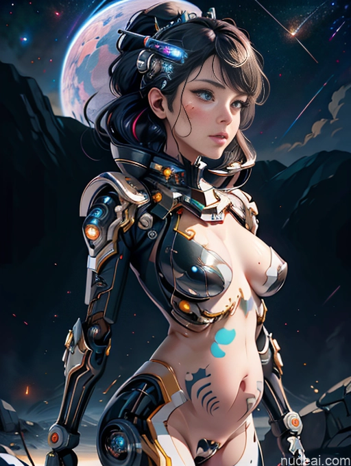 Dark Lighting Reverse Bunny Suit Sci-fi Armor Made Of Fractals Cyborg Pregnant Stargazing 30s