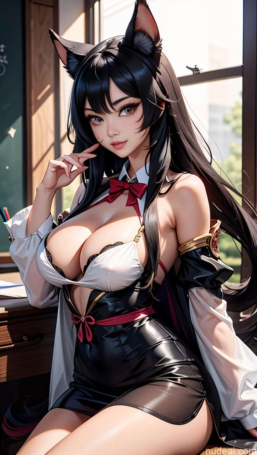 ai nude image of pics of Transparent Black Hair Perfect Boobs Busty 20s Model Long Hair Ahri, 1girl, Long Hair, Animal Ears, Whisker Markings, Korean Clothes, Cleavage, Detached Sleeves Teacher \haigure\