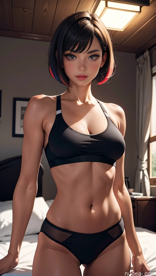 related ai porn images free for Woman 18 Brunette Beautiful Short Hair White Soft Anime Perfect Boobs Dark Lighting Front View Bedroom Panties Sports Bra