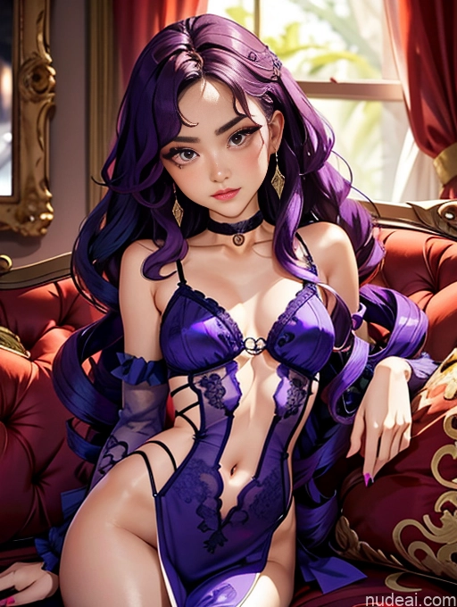 Beautiful Small Ass Skinny Long Legs Tall Perfect Body 18 Purple Hair Choker Viet Doll Likeness Dark Lighting Detailed Model Couch Victorian Perfect Boobs Curly Hair Master