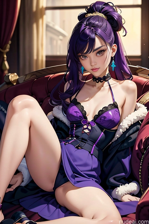 Beautiful Small Ass Skinny Long Legs Tall Perfect Body 18 Purple Hair Choker Viet Doll Likeness Dark Lighting Detailed Model Couch Victorian Perfect Boobs Hair Tied Up Laughing