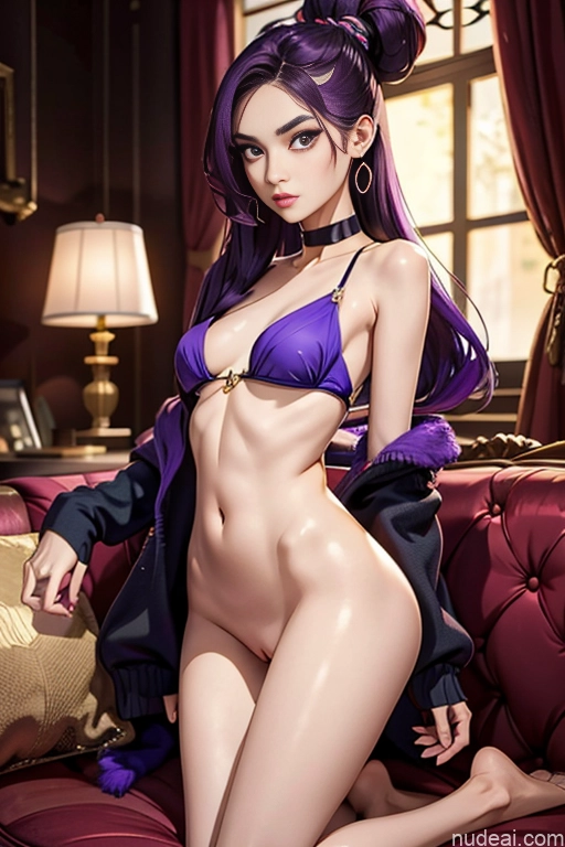 Beautiful Small Ass Skinny Long Legs Tall Perfect Body 18 Purple Hair Choker Viet Doll Likeness Dark Lighting Detailed Model Couch Perfect Boobs Hair Tied Up Laughing Pubic Hair Nude