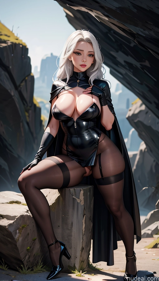 Woman Perfect Boobs Seductive Cave Nude Stockings Topless Detailed ((maxmonolith)) Big Hips Big Ass Chubby Thick Busty Black Footwear, Black Cape, Black Pantyhose, Short Dress, Black Dress Slicked White Hair Pubic Hair Legspread