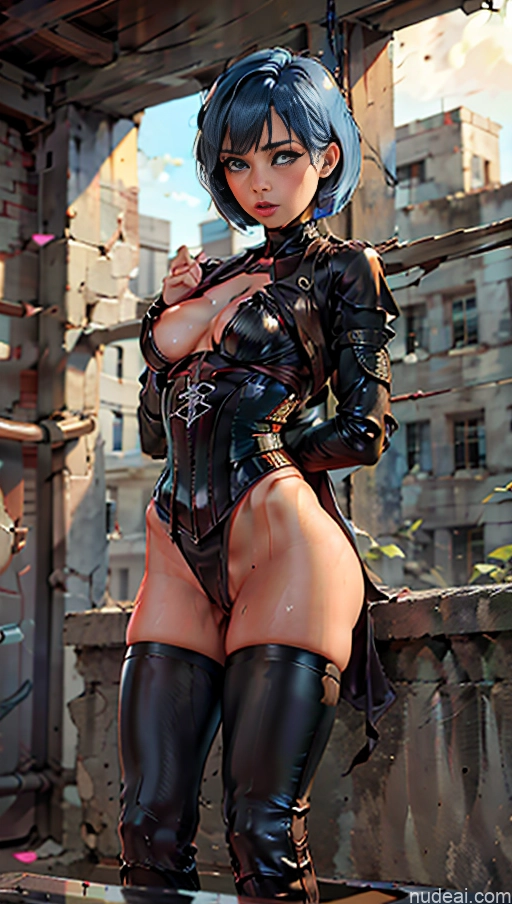 ai nude image of pics of Woman One 20s Pouting Lips Short Hair Prison Front View Has Wings Partially Nude Dark Lighting Detailed Leather Corset Beautiful Dark Fantasy Perfect Body Oiled Body Blue Hair Spreading Legs Bdsm Suspension