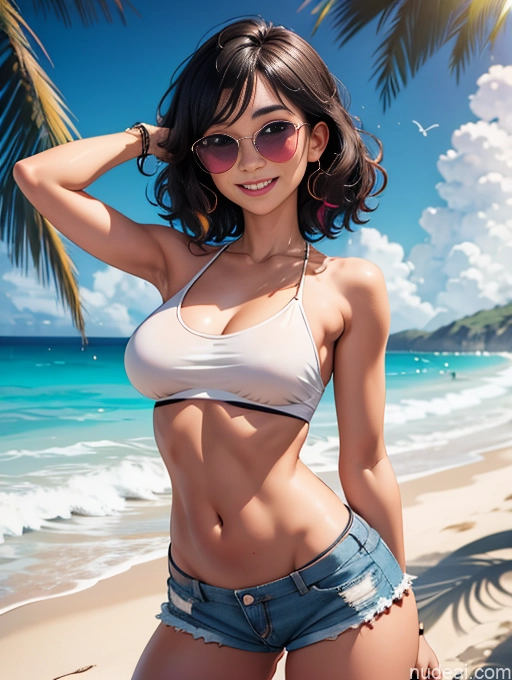 related ai porn images free for Perfect Boobs Happy Beach Black Hair Curly Hair Short Shorts Crop Top Sunglasses