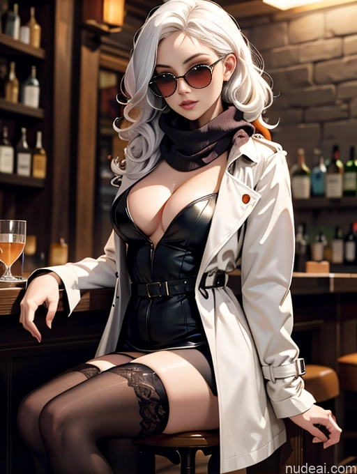 related ai porn images free for Perfect Boobs Sunglasses Seductive White Hair Curly Hair Bar Trench Coat Dress Thigh Socks Scarf