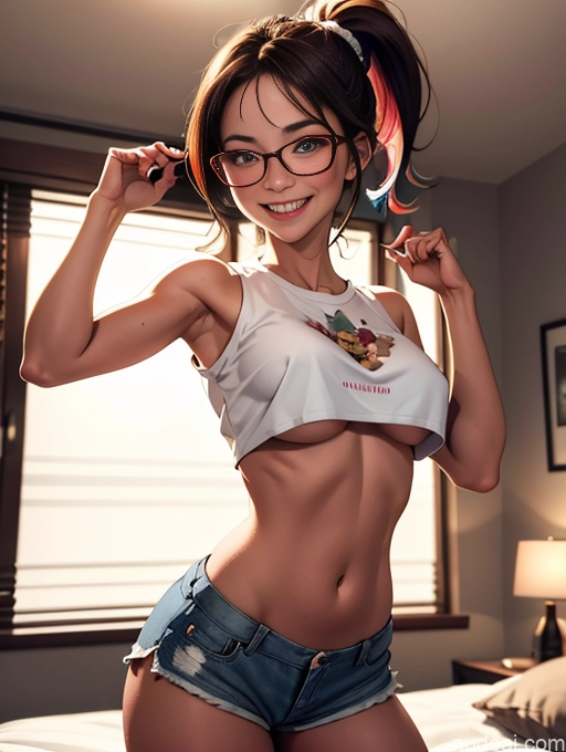 related ai porn images free for Perfect Boobs Bedroom German Brunette Happy Crop Top Short Shorts Glasses Ponytail