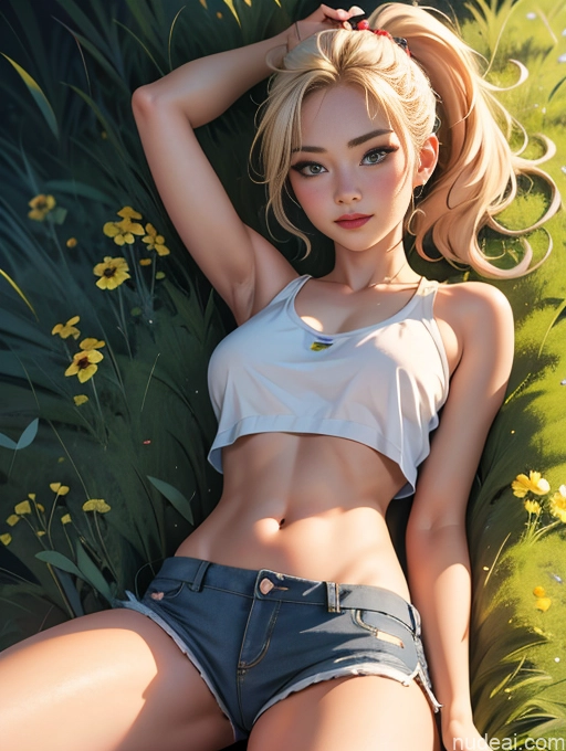 related ai porn images free for Woman One Perfect Body Perfect Boobs Lipstick Big Hips 18 Blonde Ponytail Meadow On Back Serious Happy Crop Top Short Shorts