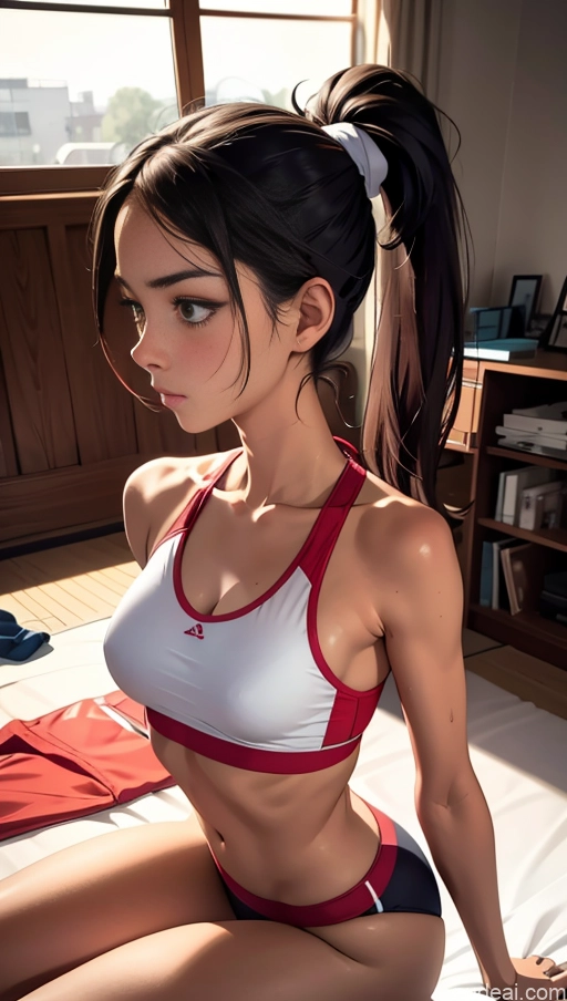 Sorority One Skinny 18 Sad Serious Brunette White Ponytail Soft Anime Bedroom Side View Track Uniform