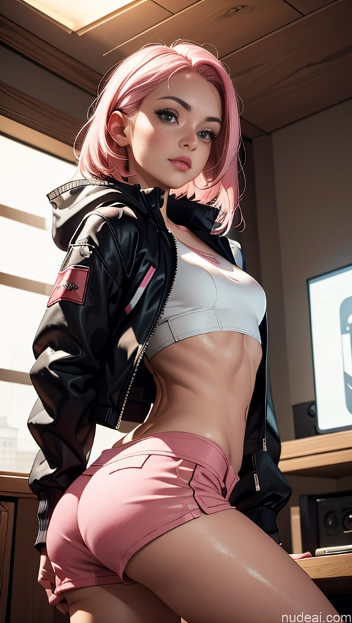 related ai porn images free for Woman One Small Tits Beautiful Skinny Small Ass Short Fairer Skin 20s Pink Hair Long Hair White Warm Anime Bedroom Gaming Jacket Short Shorts Crop Top